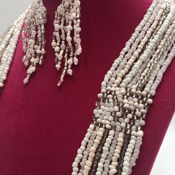 White/Blush/Silver 10-stranded glass beaded necklace and earring set. 21” long - Picture 2 of 6